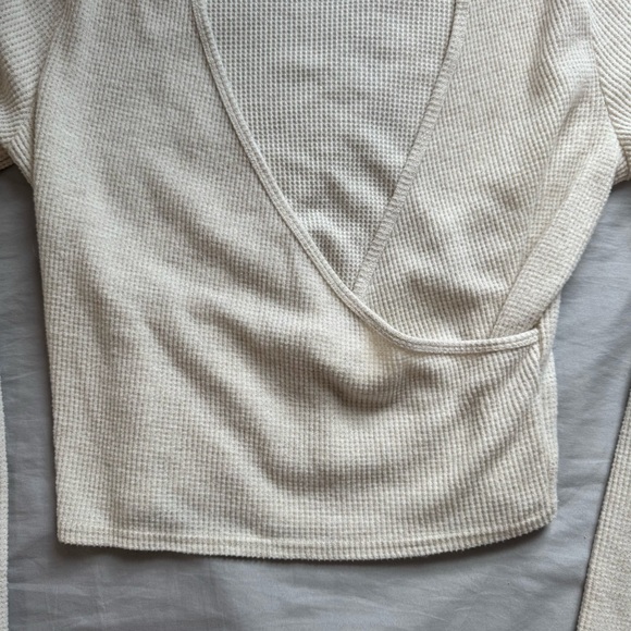 Aerie Cream Waffle Knit Wrap Long Sleeve Top - Picture 2 of 5
